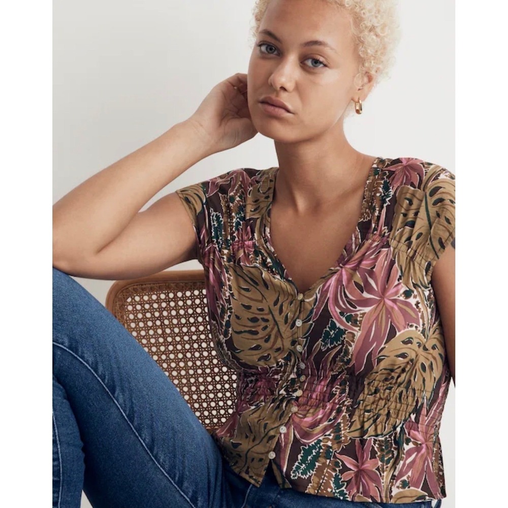 Madewell Tropical Floral Smocked Waist V Neck Button Front Cap Sleeve Top S